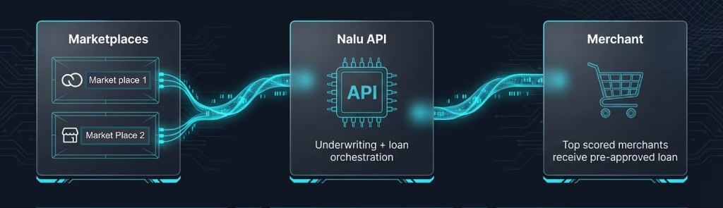 Los marketplaces se conectan a la API de Nalu para underwriting y orquestación de préstamos; los merchants mejor puntuados reciben un préstamo preaprobado.
